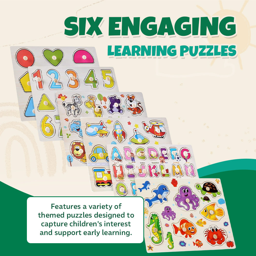 6-Pack Wooden Peg Puzzles Letters, Numbers, Shapes & Animals