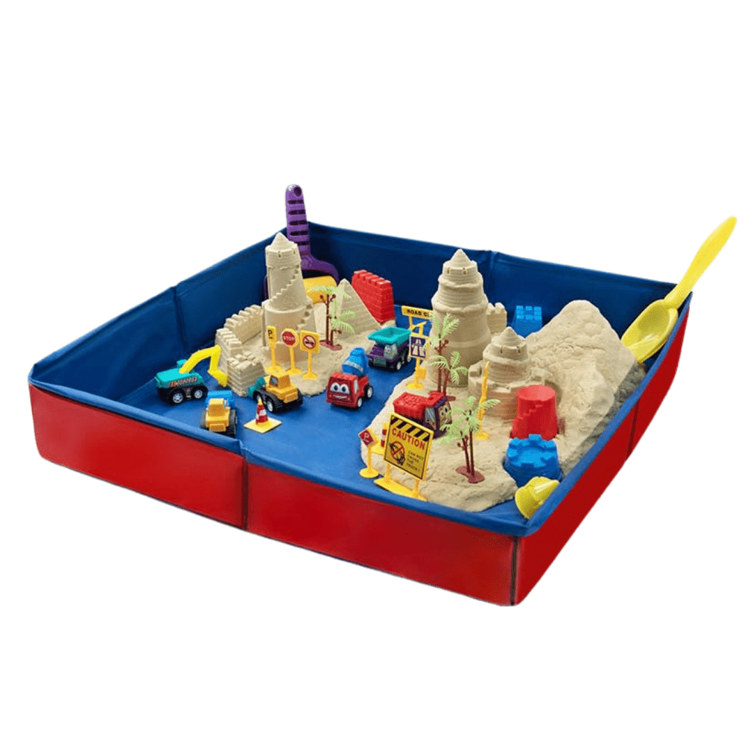 Joyfulbabygoods PlaySand Kit 1lb PlaySand Kit with Foldable Sandbox, 6 Construction Trucks Tools