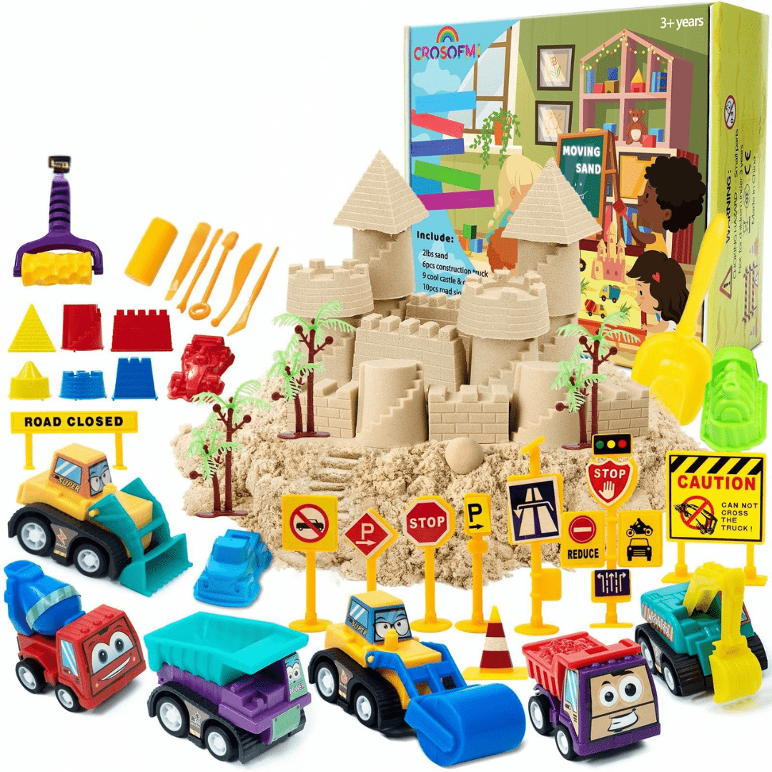 Joyfulbabygoods PlaySand Kit 1lb PlaySand Kit with Foldable Sandbox, 6 Construction Trucks Tools