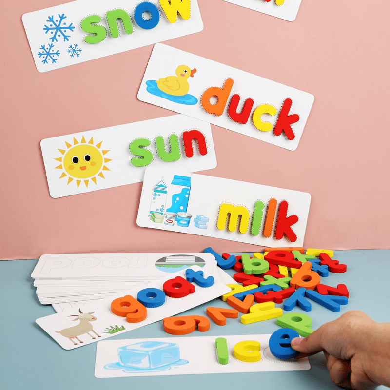 Joyfulbabygoods Spelling Game Alphabet Spelling Game with Flash Cards and Letter Blocks for Ages 3+