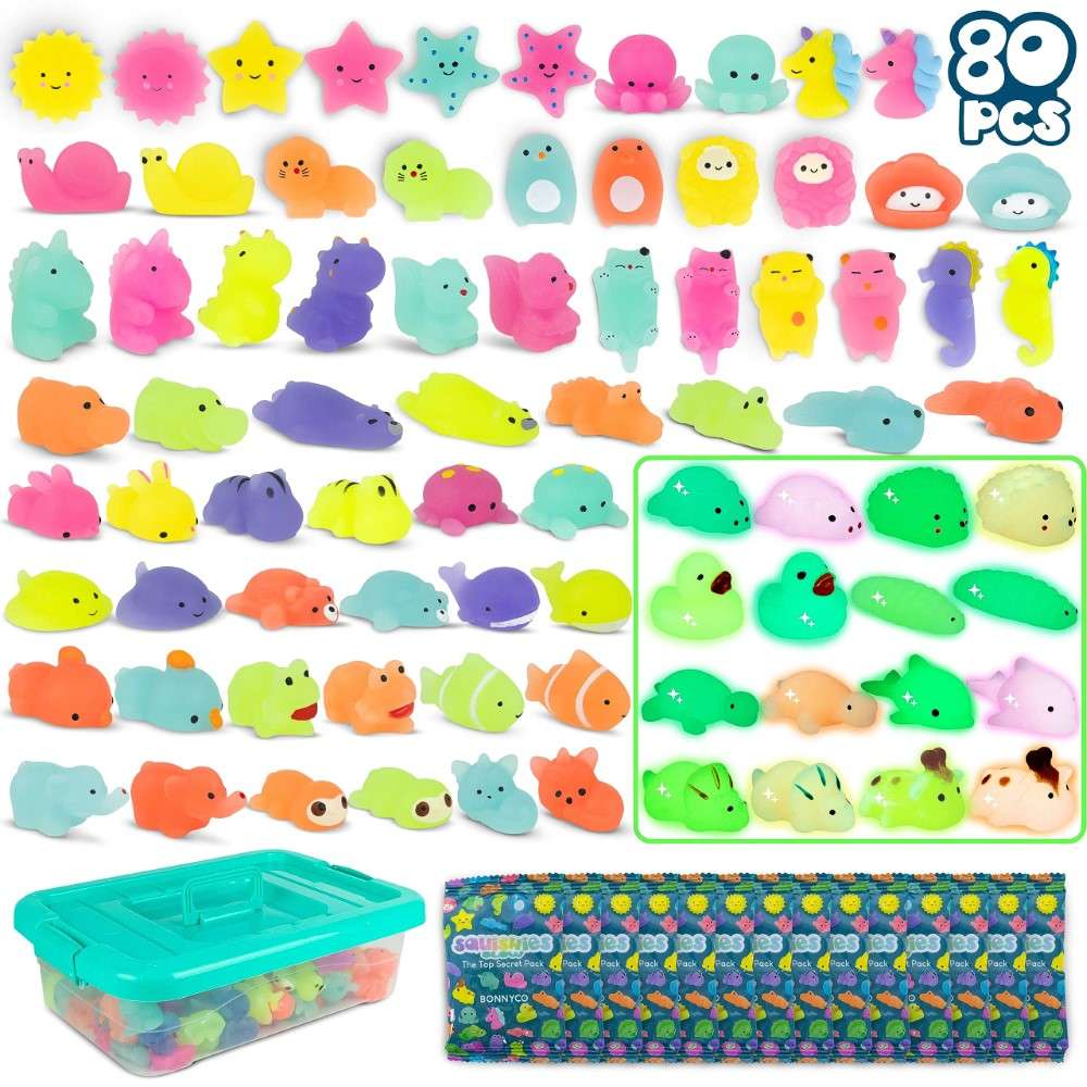 Joyfulbabygoods Squishy 80 Pack / Squishy Glow Mochi Squishy Toys – Soft Mini Squeeze Animals Pack in Individual Bags