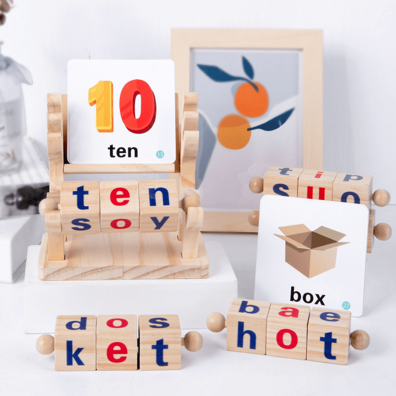 Joyfulbabygoods Word Game Interactive Wooden Word Game Set, 40 Spelling Cards for Early Practice