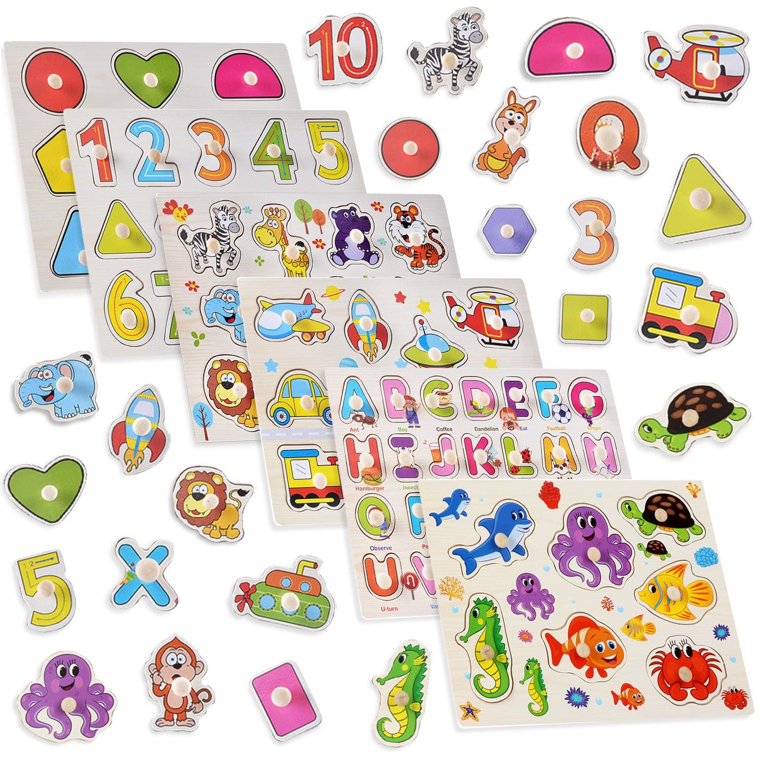 Joyfulbabygoods 6-Pack Wooden Peg Puzzles Letters, Numbers, Shapes & Animals