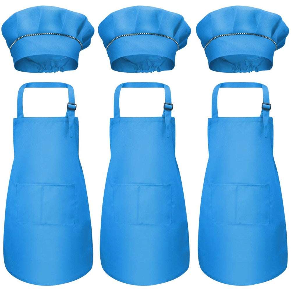 Joyfulbabygoods Arpon Blue Adjustable Kids Chef Apron Set with Pockets 3 Pack Ages 3-6