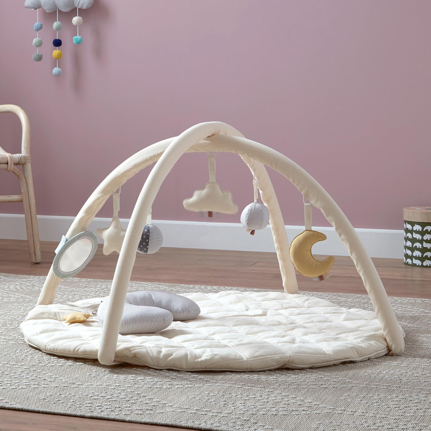 Joyfulbabygoods Baby Playmat Organic Cotton Cozy Baby Playmat with Mirror, Tummy Pillow and 6 Toys