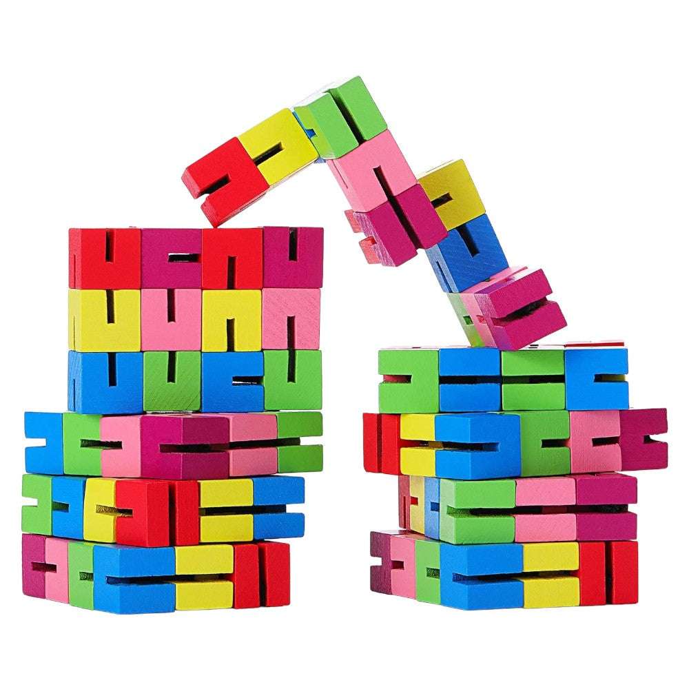 Joyfulbabygoods Blocs of construction 9-Pieces Wooden Twist Blocks – Flexible & Stackable Fidget Puzzle