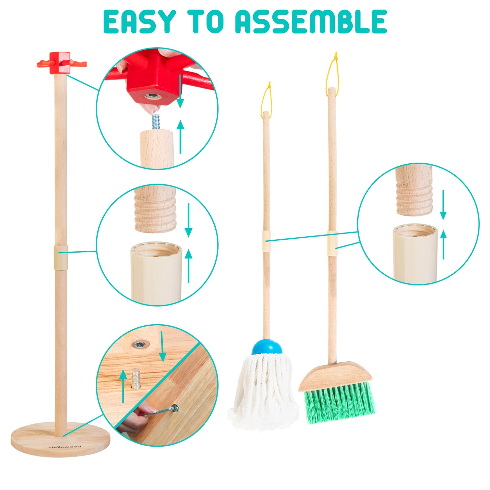 Joyfulbabygoods Cleaning Set 8-Piece Wooden Cleaning Set for Kids with Mop Broom Brushes Stand Rag