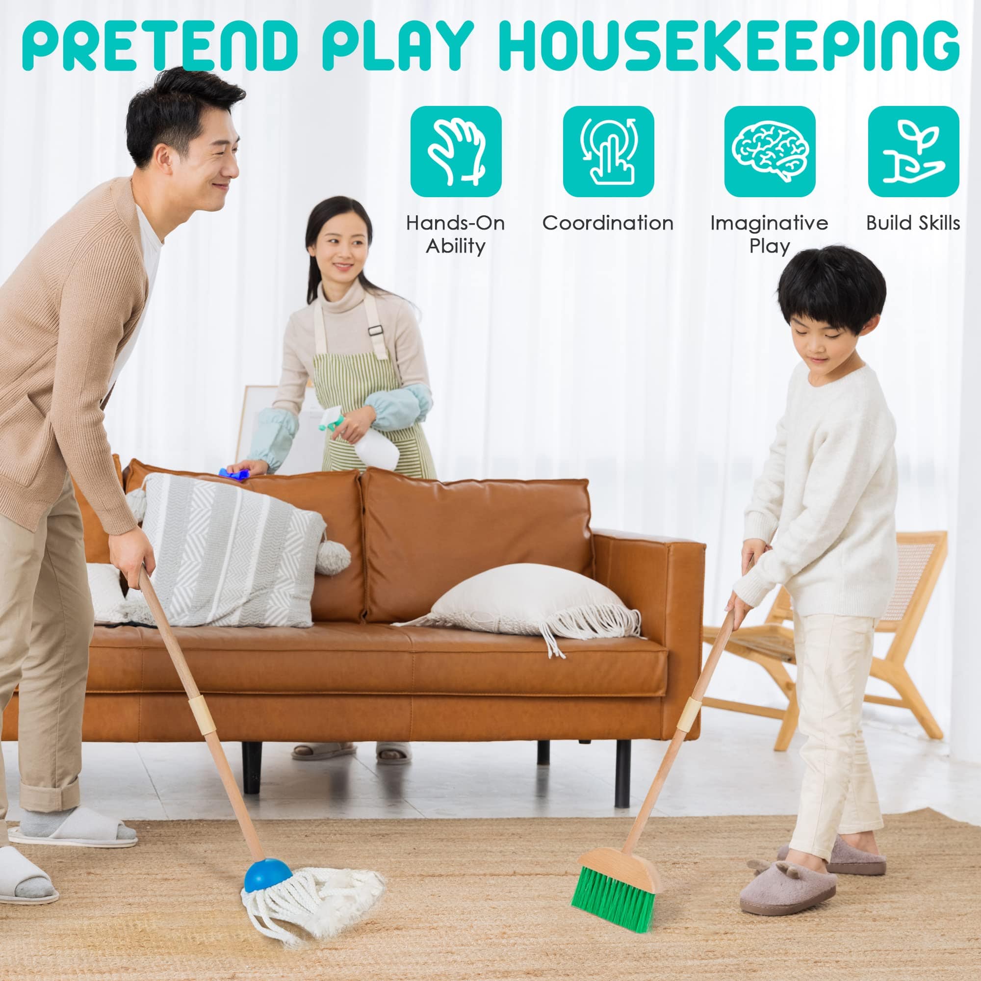 Joyfulbabygoods Cleaning Set 8-Piece Wooden Cleaning Set for Kids with Mop Broom Brushes Stand Rag