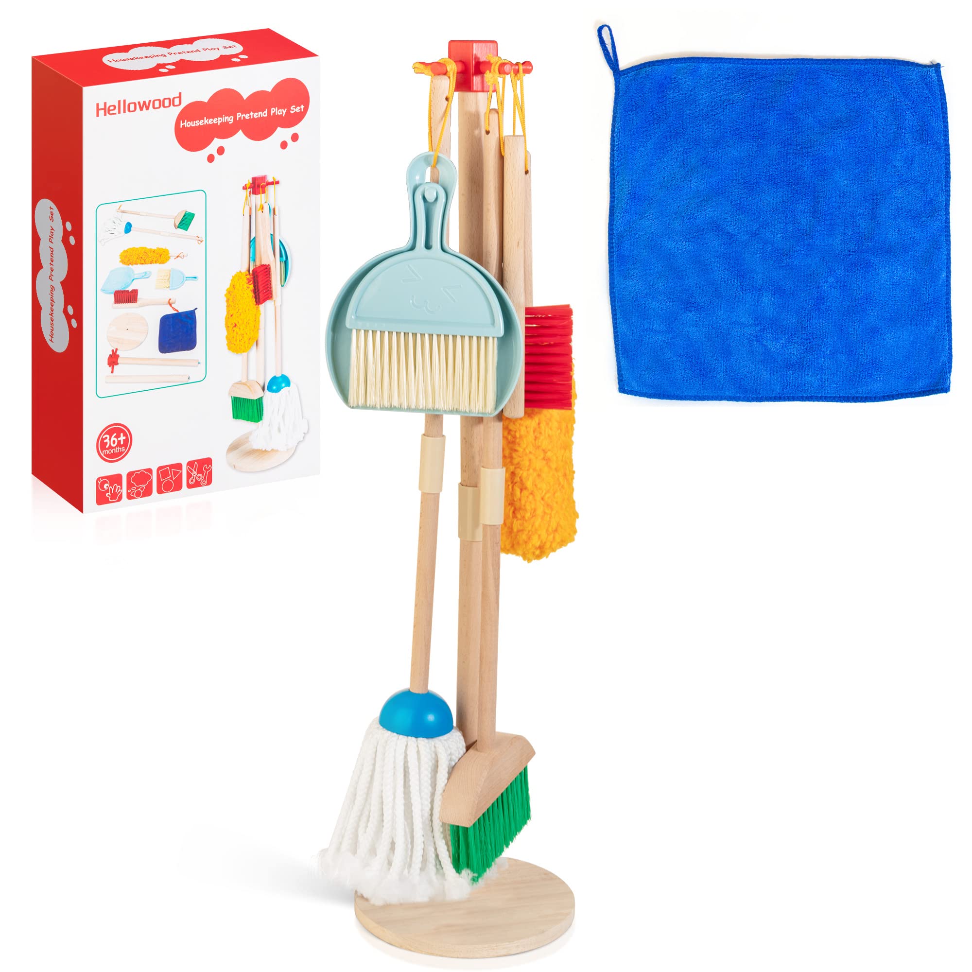 Joyfulbabygoods Cleaning Set 8-Piece Wooden Cleaning Set for Kids with Mop Broom Brushes Stand Rag