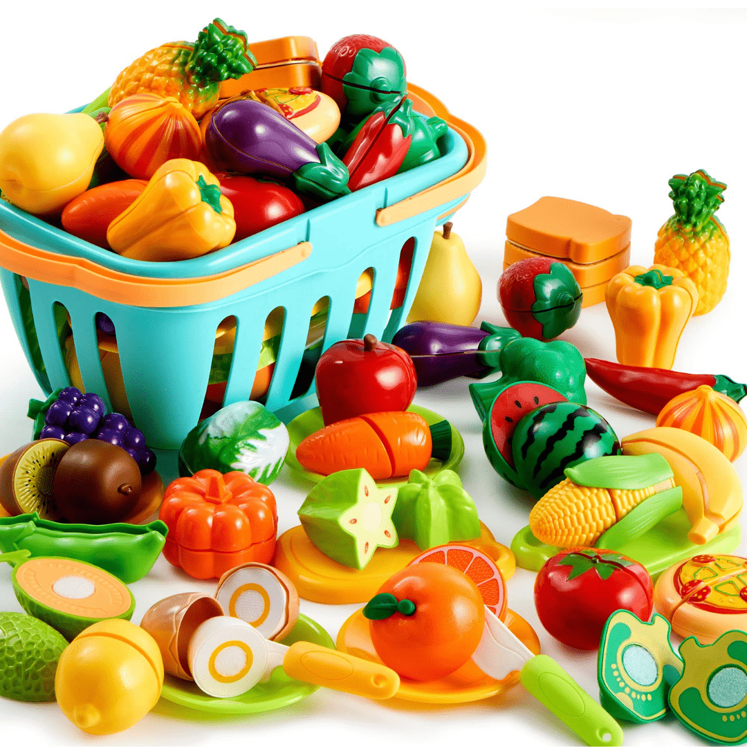 Joyfulbabygoods Cutting Food 71Pcs Pretend Cutting Food Toy Set Fruits, Veggies, Basket Utensils