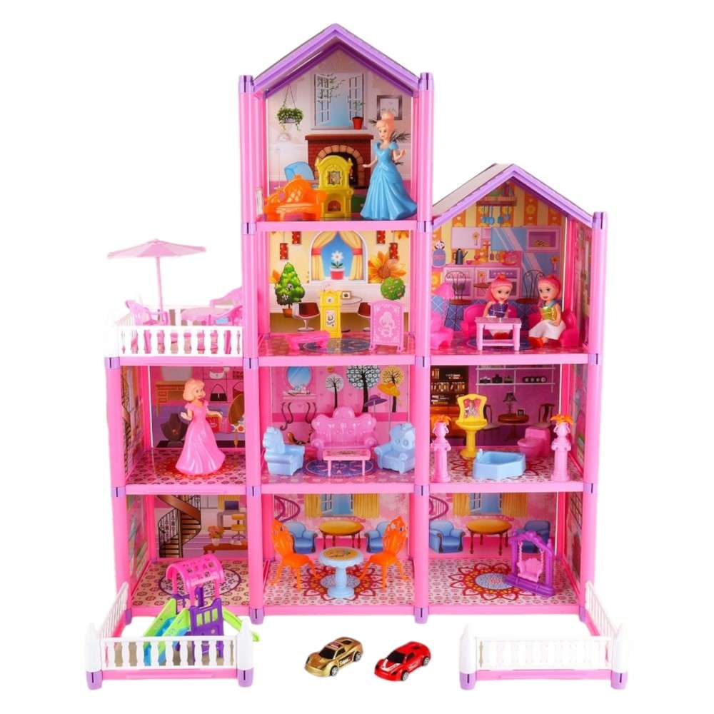 Joyfulbabygoods Dollhouse Four-Story DIY Dollhouse with 9 Rooms, Doll & Furniture Set
