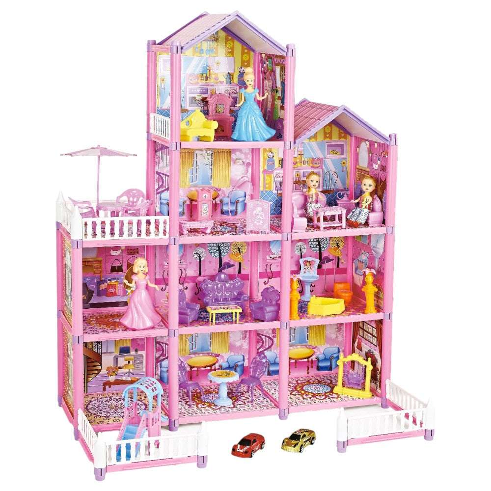 Joyfulbabygoods Dollhouse Four-Story DIY Dollhouse with 9 Rooms, Doll & Furniture Set