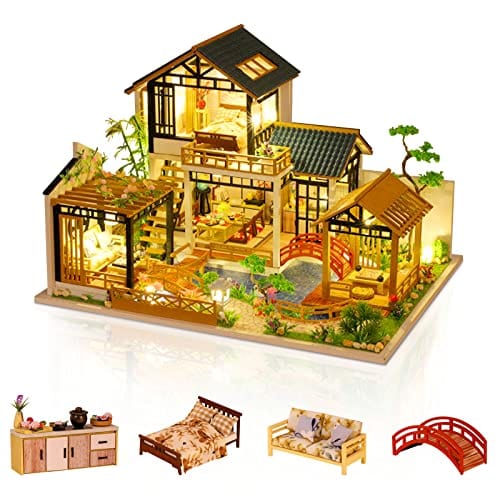 Joyfulbabygoods Dollhouse Oriental Villa Chinese-Style 3D Dollhouse Kit with LED Lights and Dust Cover