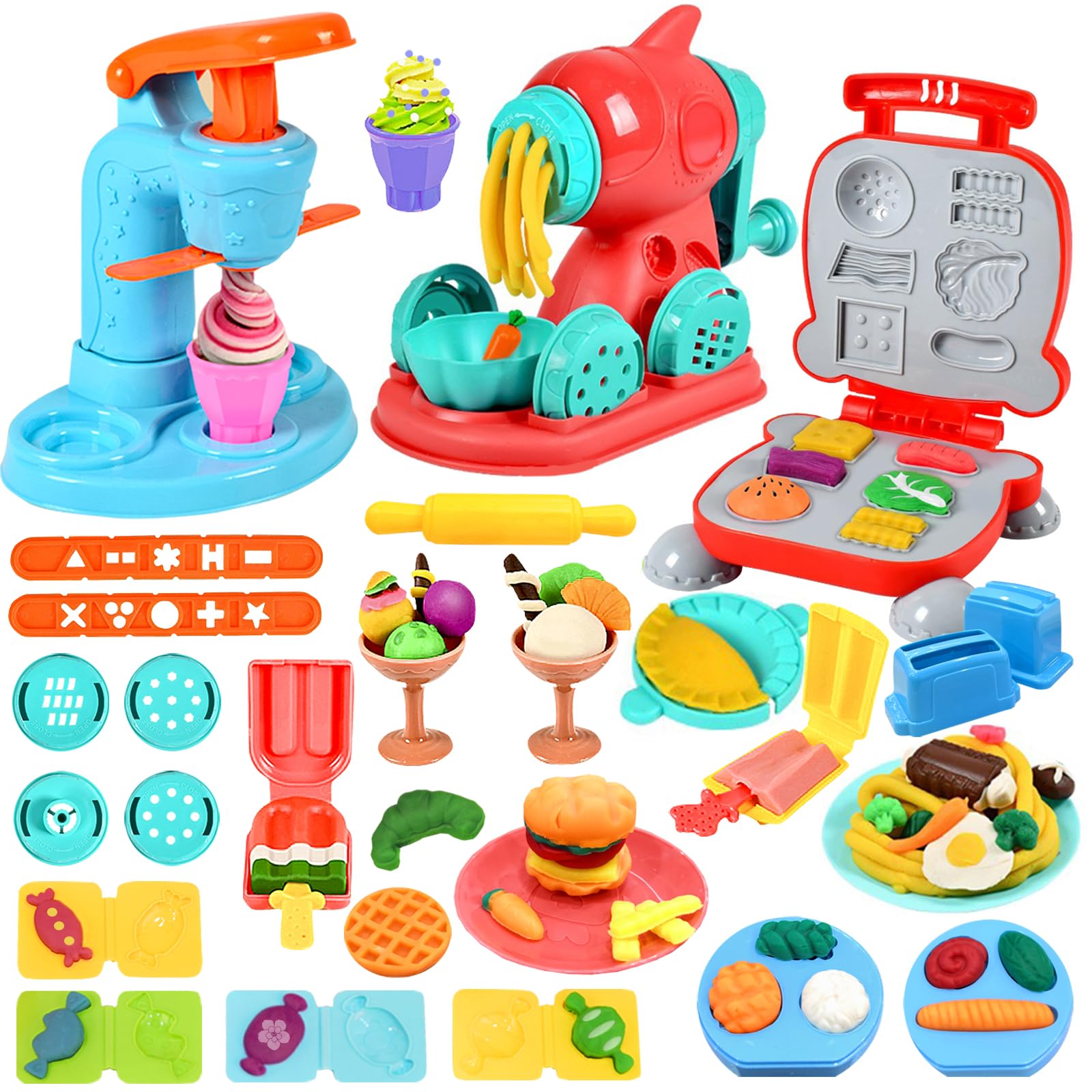 Joyfulbabygoods Dough Kitchen Toy Set 3 in 1 Dough Kitchen Toy Set, Ice Cream Noodle Hamburger Maker Kit