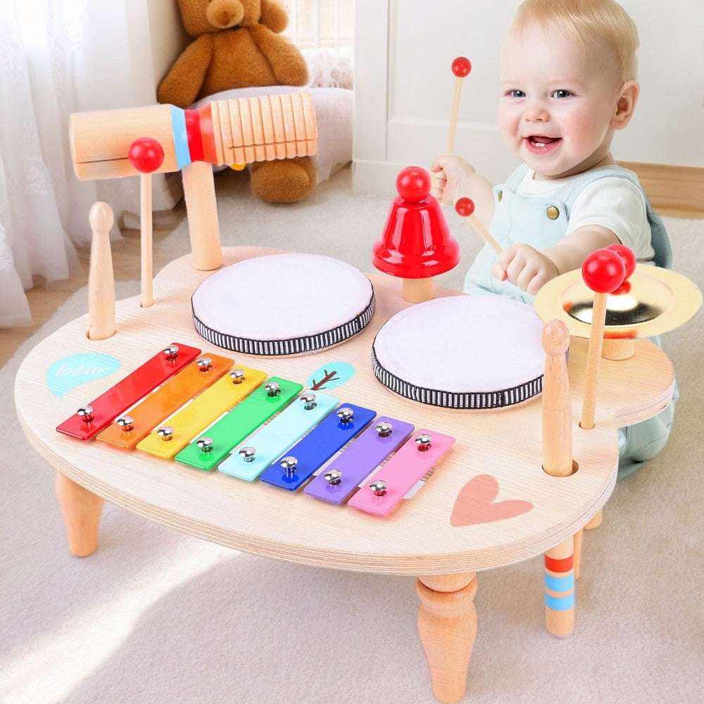 Joyfulbabygoods Drum Set Toddler Drum & Xylophone Set 10-in-1 Wooden Percussion Kit for Kids