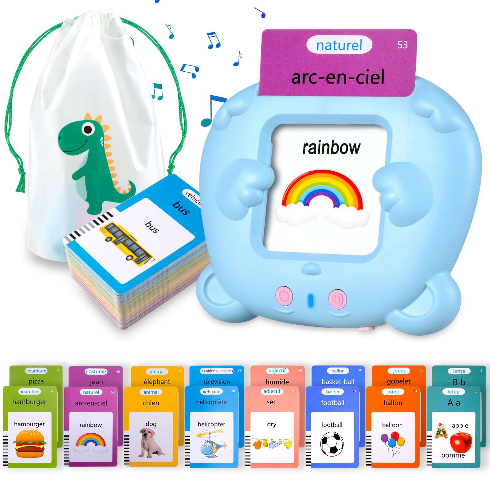 Joyfulbabygoods flashing cards 510 words - Blue Talking Flash Cards for Bilingual Learning with Music and Games