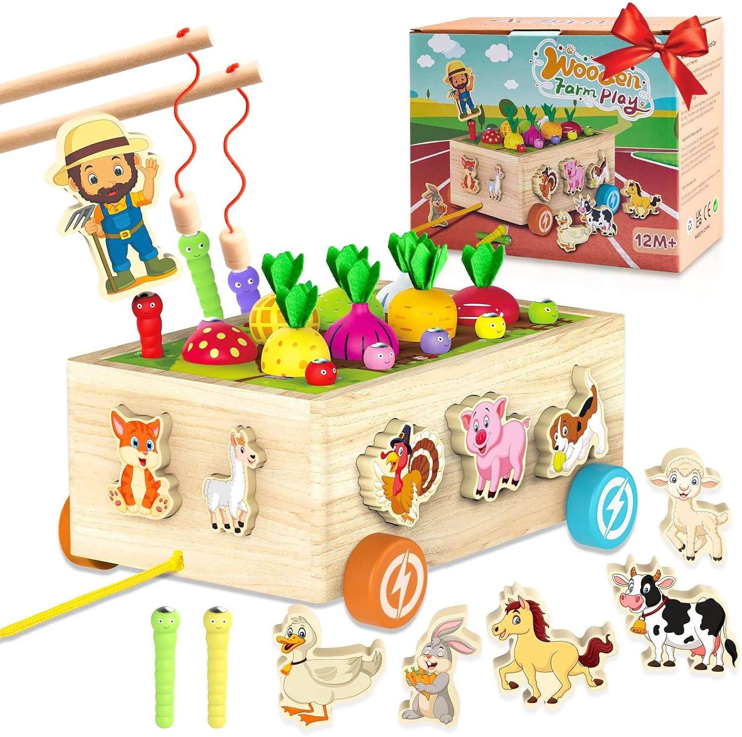 Joyfulbabygoods Montessori Games Animals Car 8-in-1 Wooden Toy – Fishing, Shape Sorting & Animal Matching