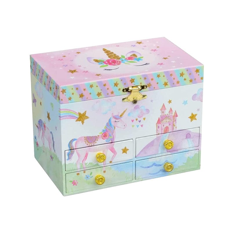 Joyfulbabygoods Musical Jewelry Box Rainbow Musical Jewelry Box with 4 Drawers and Spinning Unicorn