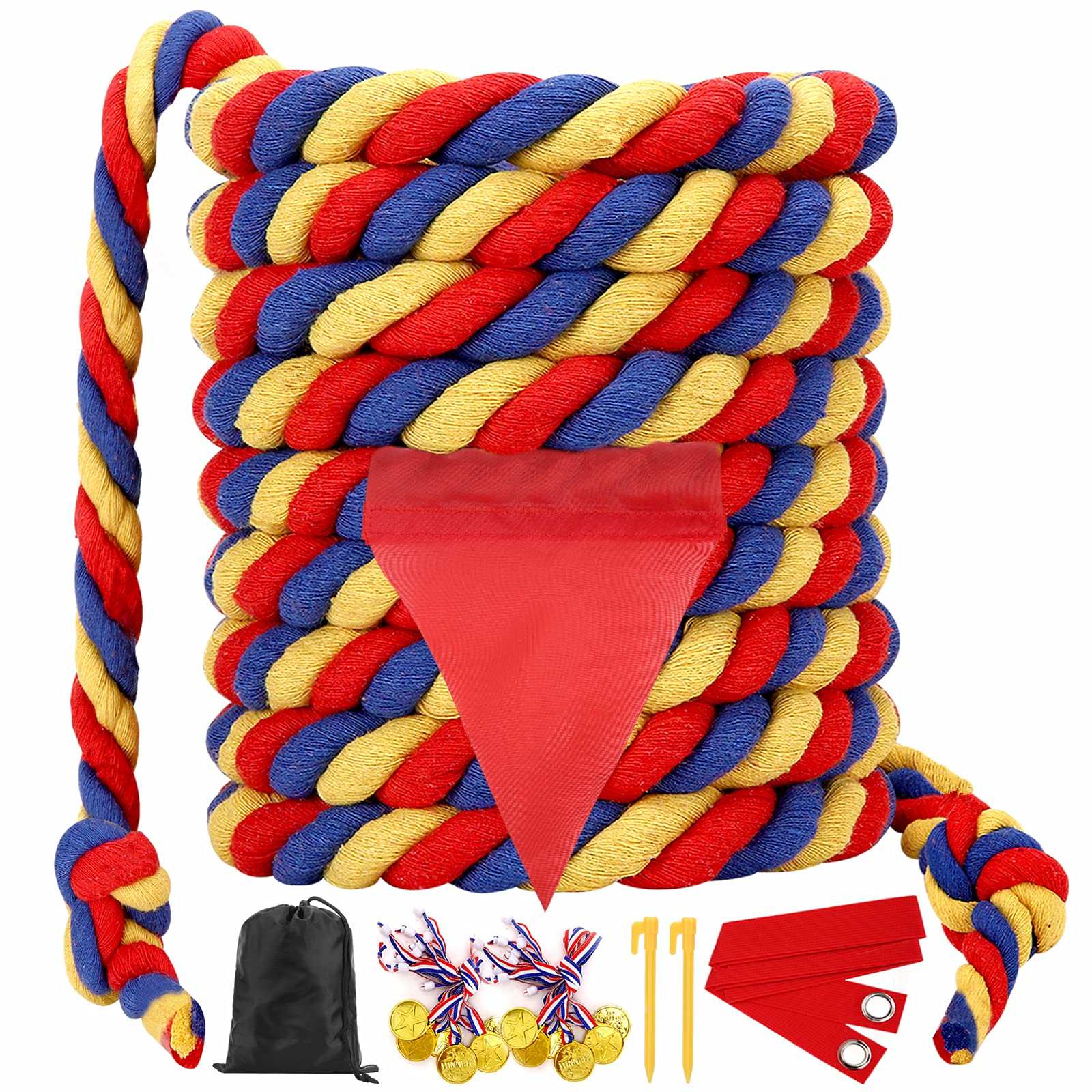 Joyfulbabygoods outdoor games Blue Red Yellow / 20 Feet Tug of War Rope with Medals & Whistle for Team Games