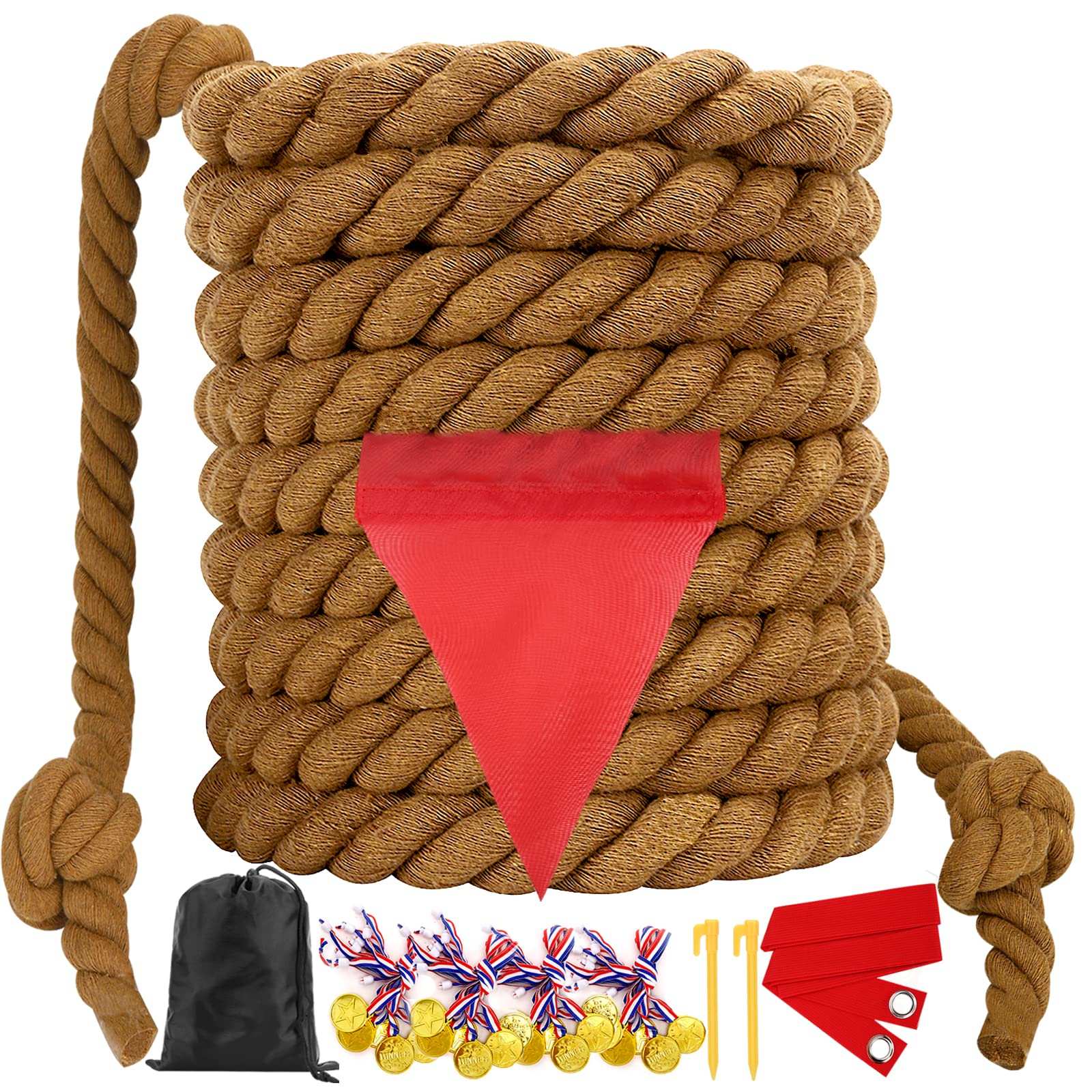 Joyfulbabygoods outdoor games Brown / 20 Feet Tug of War Rope with Medals & Whistle for Team Games
