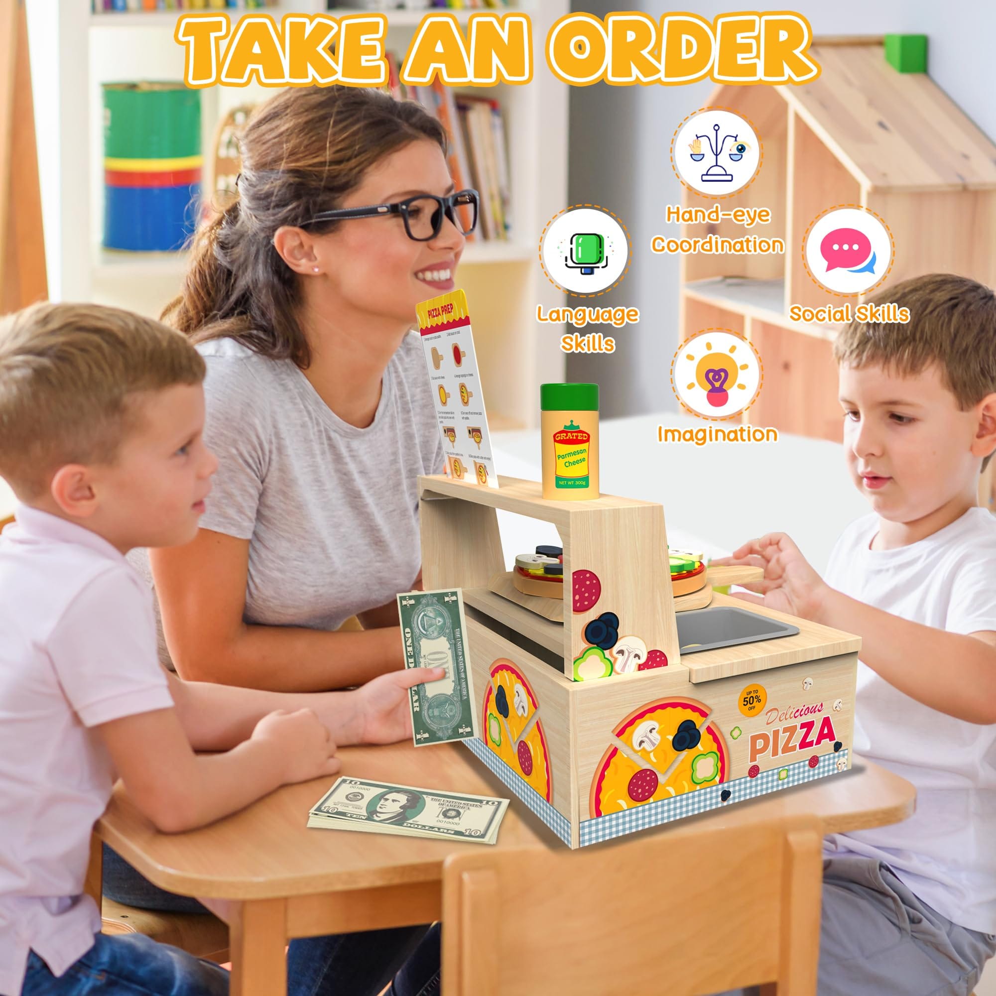 Joyfulbabygoods Pizza Counter Toy Montessori Wooden Pizza Toy with Counter Menu, Oven, Storage 49 Pieces