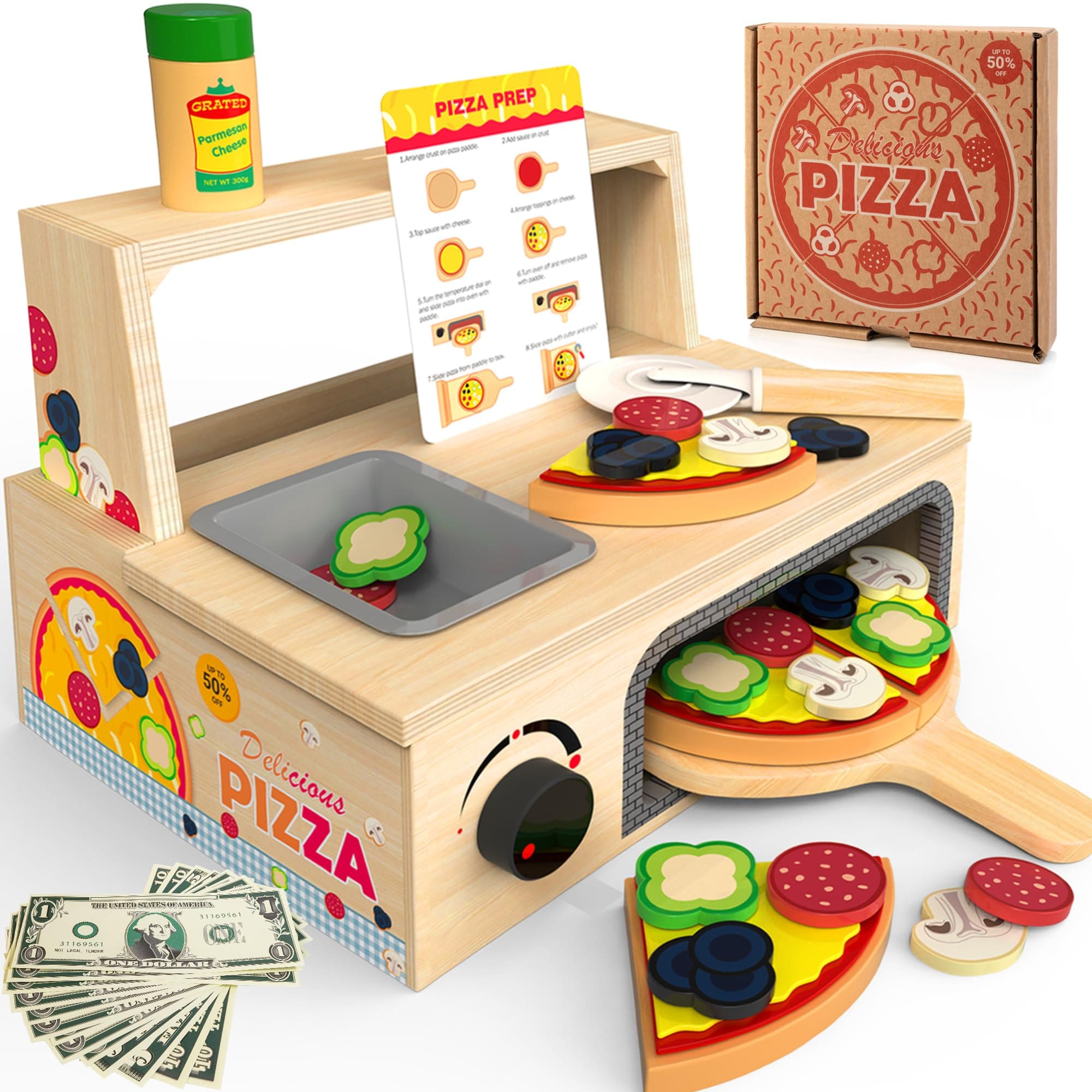 Joyfulbabygoods Pizza Counter Toy Montessori Wooden Pizza Toy with Counter Menu, Oven, Storage 49 Pieces