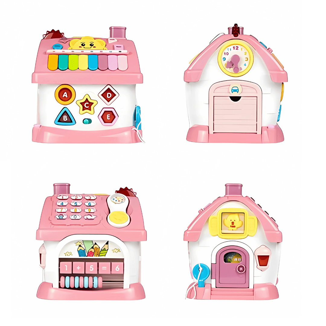 Joyfulbabygoods Playhouse Montessori Activity House with Piano, Car Track, Clock and Shape Sorter