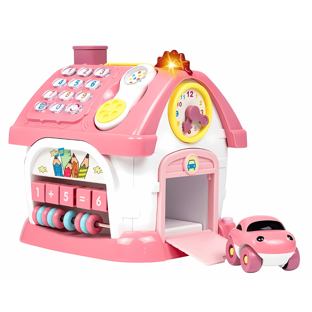 Joyfulbabygoods Playhouse Montessori Activity House with Piano, Car Track, Clock and Shape Sorter