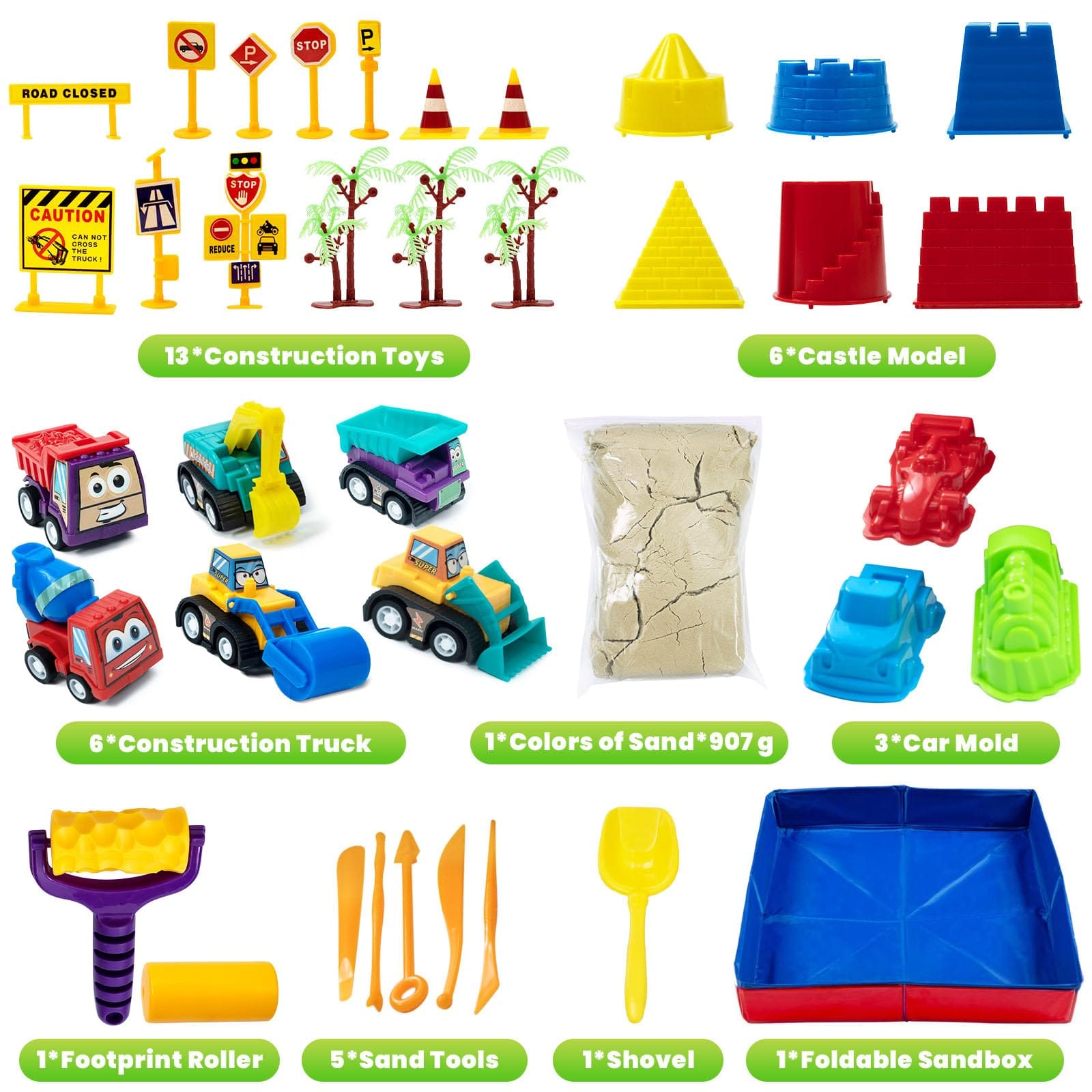 Joyfulbabygoods PlaySand Kit 1lb PlaySand Kit with Foldable Sandbox, 6 Construction Trucks Tools