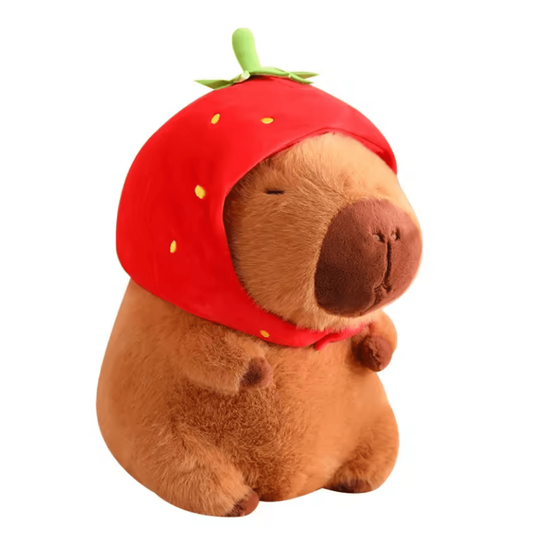 Joyfulbabygoods Plush Toy Strawberry Hat Capybara Plush Strawberry Hat or Turtle Backpack, Cotton 15.7 inches