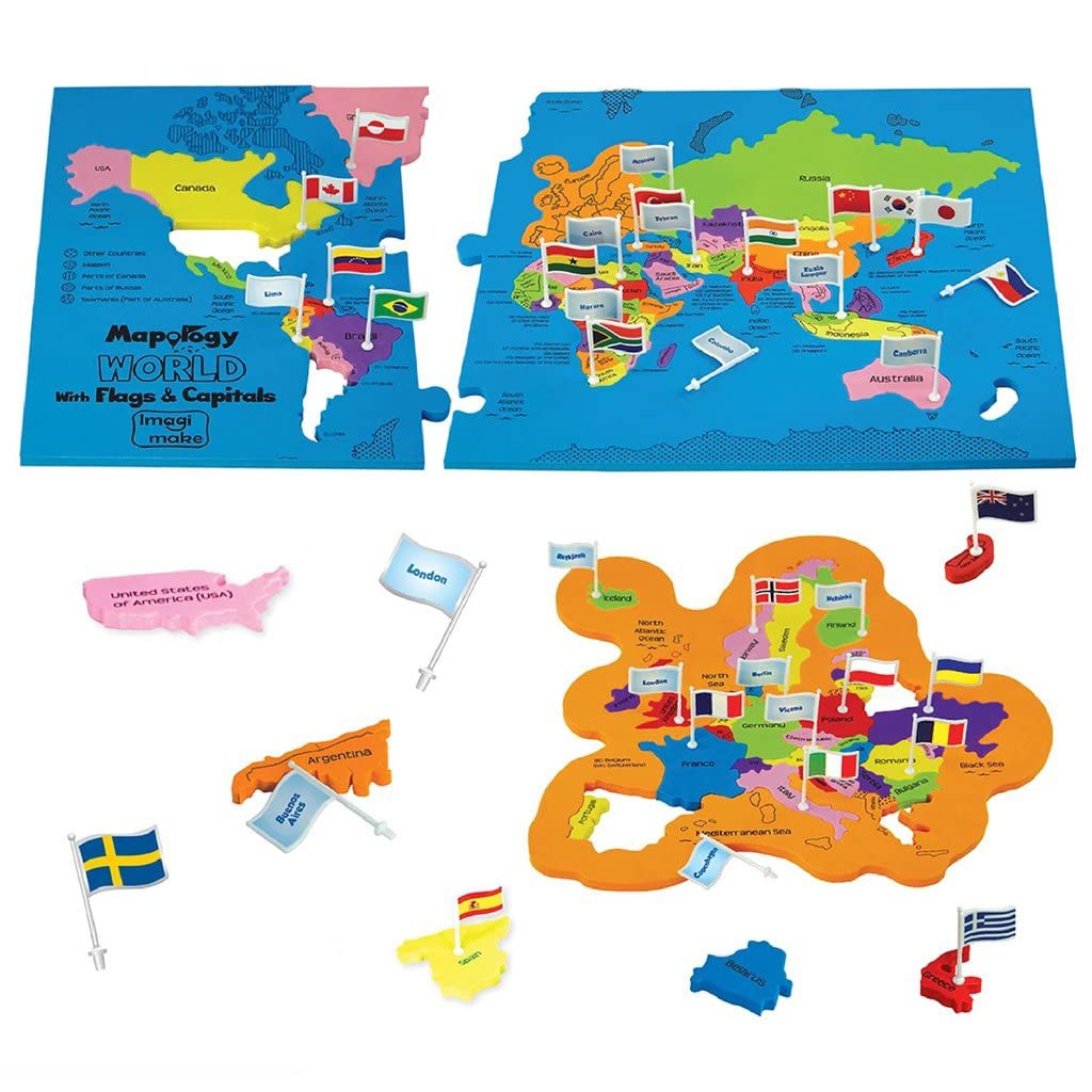 Joyfulbabygoods Puzzle World Map Puzzle for Kids 75 Pieces, Flags, Capitals & Frames