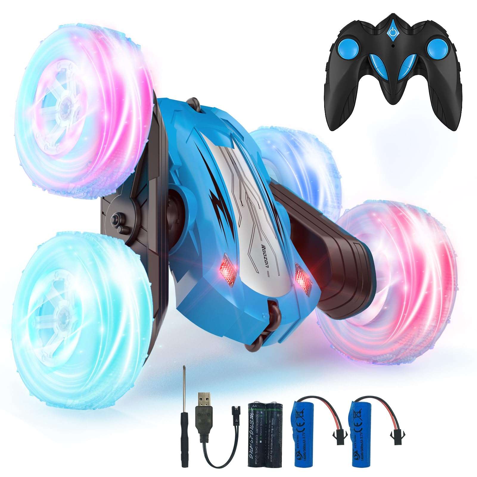 Joyfulbabygoods RC Car Blue RC Stunt Truck 360° Spin – 2.4GHz Remote, LED Wheels, Dual Battery