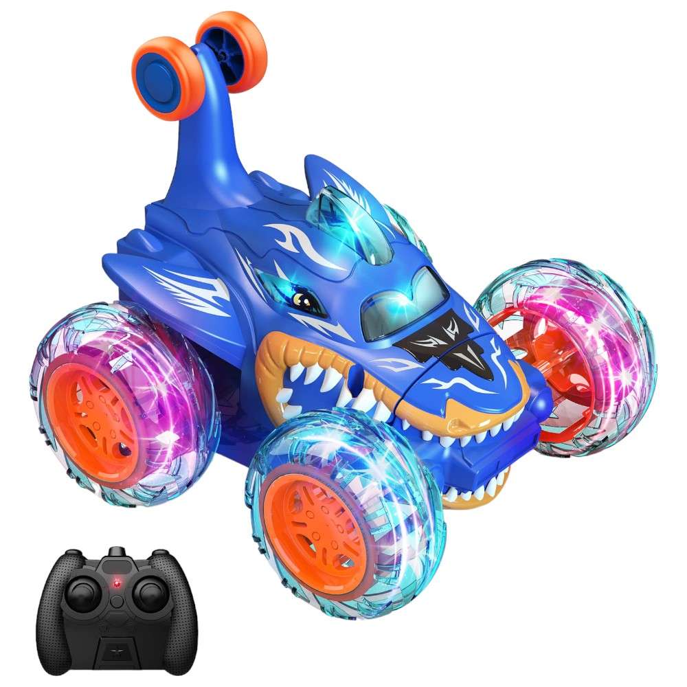 Joyfulbabygoods RC Car Blue Shark RC Stunt Car – 360° Spins, LED Wheels, 2.4GHz Remote
