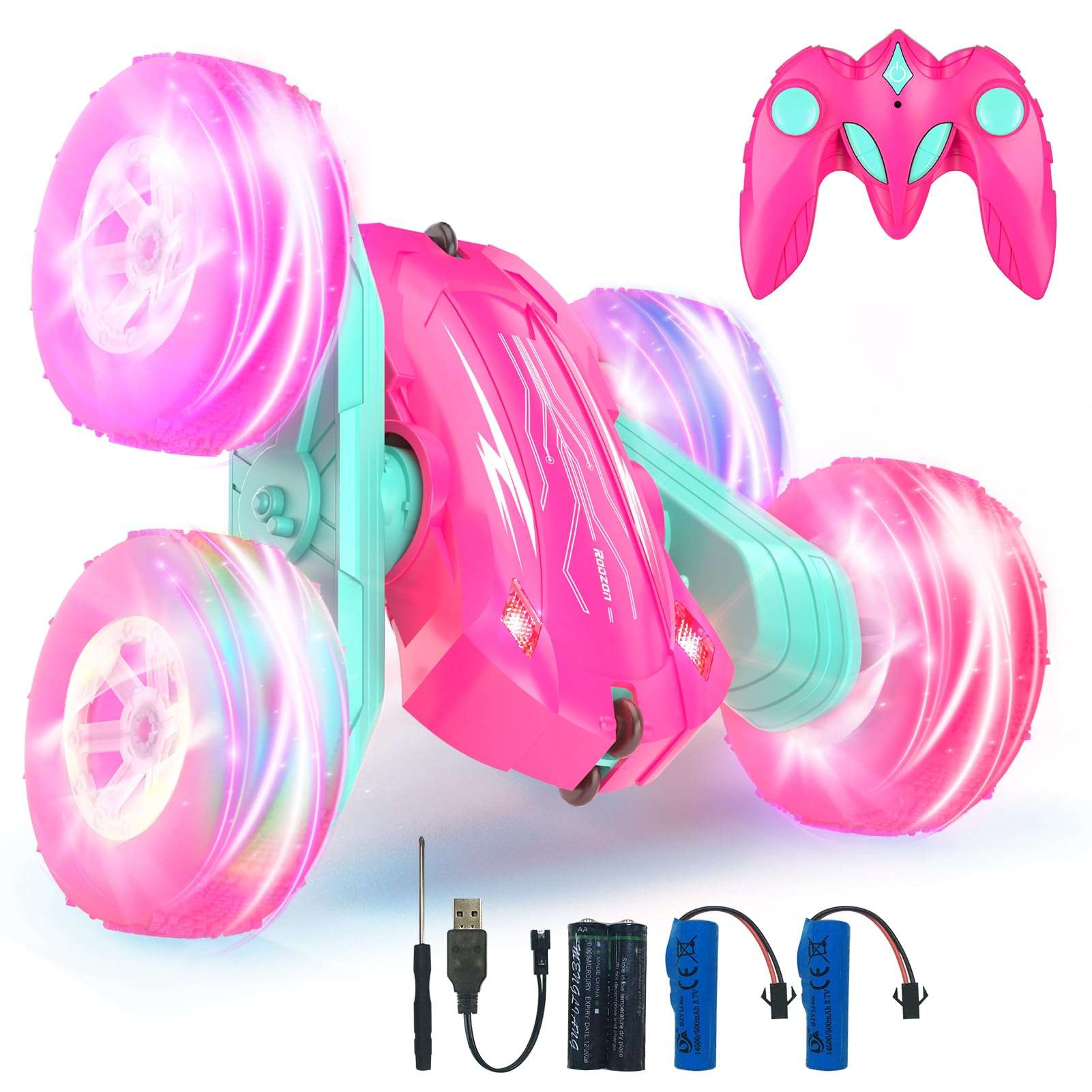 Joyfulbabygoods RC Car Pink RC Stunt Truck 360° Spin – 2.4GHz Remote, LED Wheels, Dual Battery