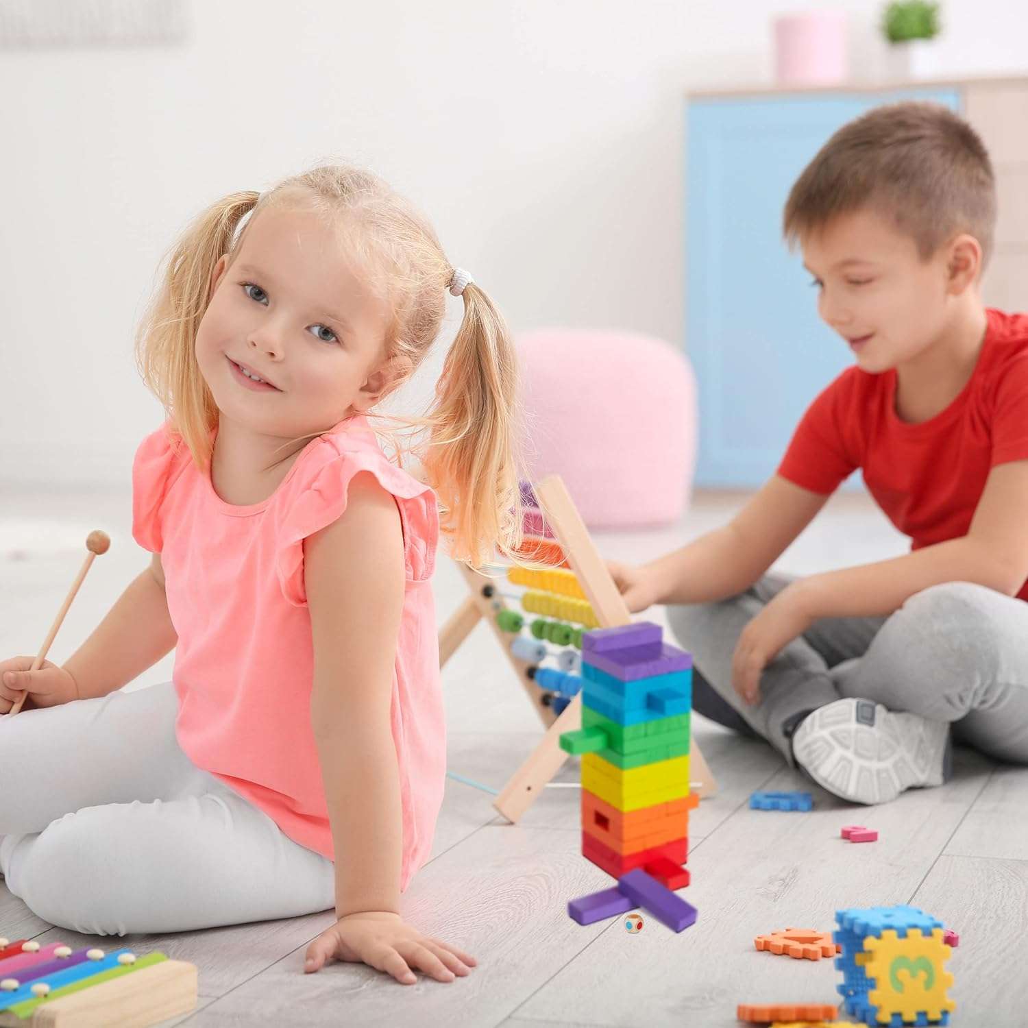 Joyfulbabygoods Stacking game Colorful Wooden Stacking Game with Dice - 48 Blocks