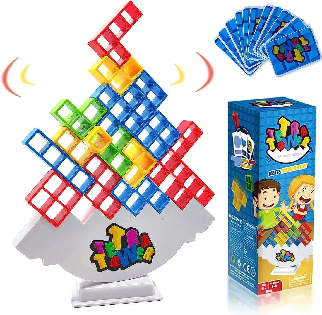 Joyfulbabygoods Stacking Strategy Tower 16 pcs + base Montessori Balance Game with Tetromino Shapes and Rotating Base