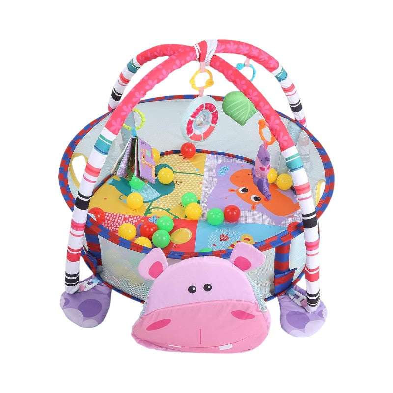 Joyfulbabygoods Tapis d'éveil Hippo 3-in-1 Baby Play Mat with Ball Pool, Hanging Toys