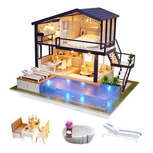 Joyfulbabygoods Wooden House Pool Creative Wooden Dollhouse with LED Lights, Furniture, and Pool