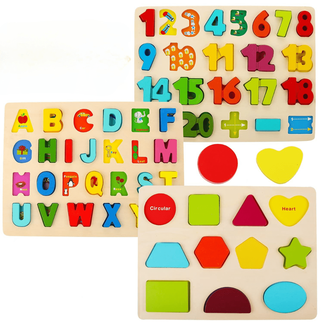 Joyfulbabygoods Wooden Puzzle Montessori Wooden Puzzle Set with Letters, Shapes and Numbers Boards